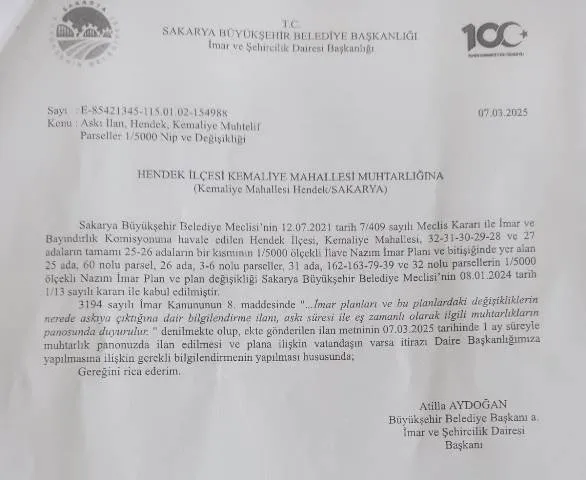 KEMALİYE MAHALLESİ SAKİNLERİNİN DİKKATİNE!